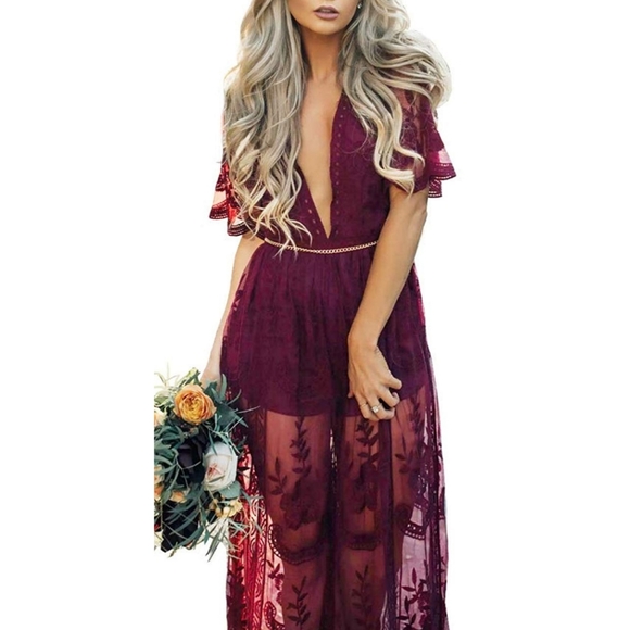 5⭐Romantic maroon v-neck lace eyelet maxi romper - Picture 2 of 4